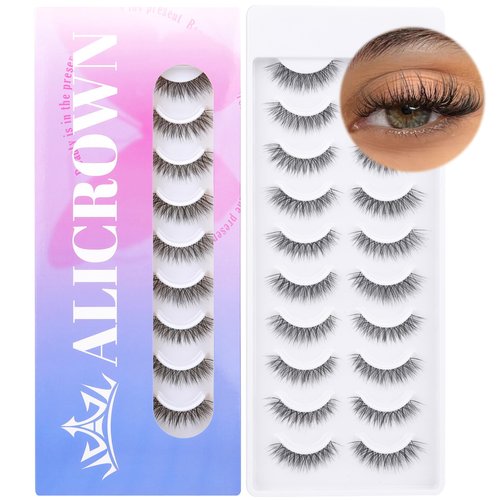 Natural Lashes Wispy Eyelashes False Lashes Strip Fake Eyelashes with Clear Lash Band 3D Cat Eye Lashes Pack 10 Pairs Handknotted Lightweight Fake Lashes ALICROWN