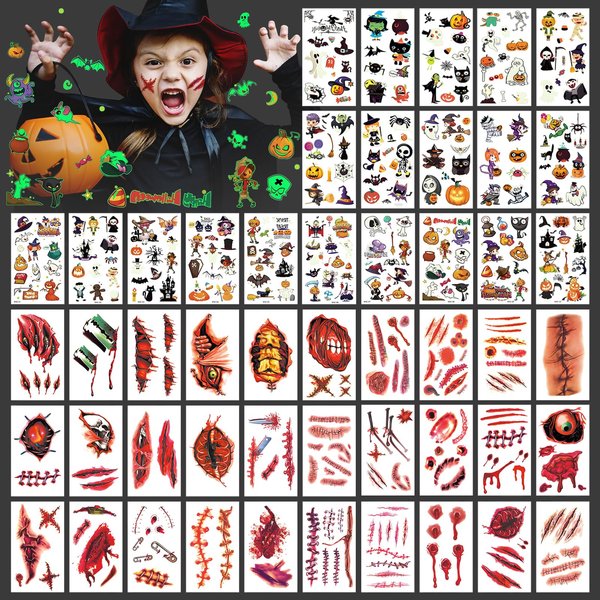 300+ Halloween Temporary Tattoos,Glow in the Dark Temporary Tattoos Party Favors, Party Favor Decorations Goodie Bags Supplies Class Game Prizes