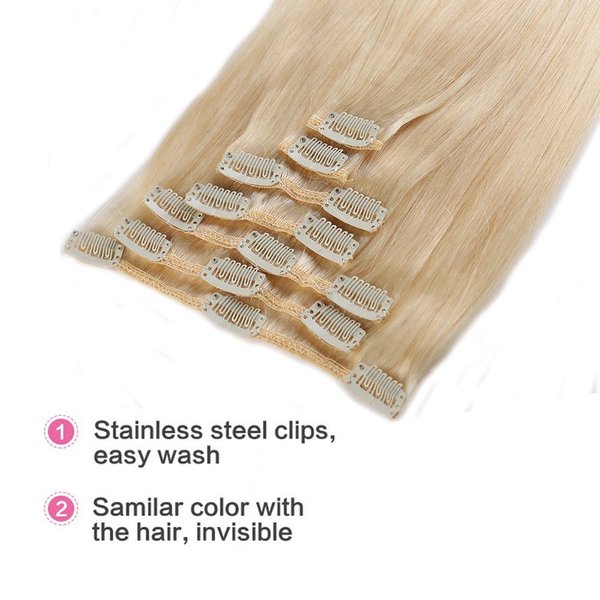 100% Remy Human Hair Clip in Extensions Grade AAAAA Natural Hair Full Head 7pcs 16clips Standard Weft Long Silky Straight for Women Fashion and Beauty (20" /20 inch 70g,#60 Platinum Blonde)