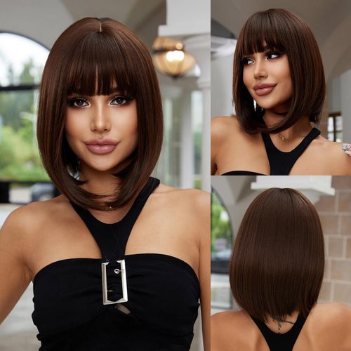 INSGOGO Short Brown Wig Wavy Bob Wigs with Bangs for Women Curly Hair Wigs Heat Resistant Synthetic Fiber Wigs for Daily Party Use 14 Inches