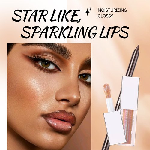 Noerrors Brown Lip Liner Gloss Set Plumping Nude Brown Lip Pencil Glossy Lip Oil Moisturizing Nourishing Glitter Lip Combo Big Brush Head Lip Liquid Shiny Glow Lip Stain Non-Stick Cup Lip Makeup