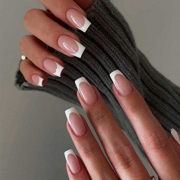 24Pcs White French Tips Press on Nails with Simple Design, Glossy Nude Medium-Short Square False Nails Gel Glue on Nails, French Manicure Art Acrylic Fake Nails Stick on Nails for Coquette Women Girls