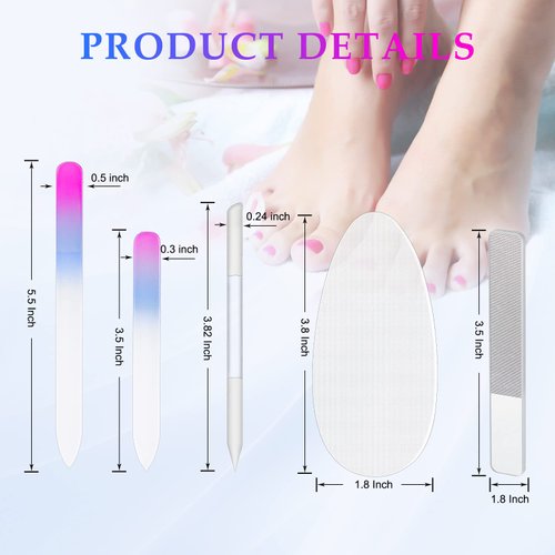 6 Pcs Glass Nail File and Nail Shiner Set includes 2 Manicure Pedicure Glass Nail File 1 Cuticle Trimmer 2 Nano Finger Nail File 1 Nano Foot Scrubber Callus Remover Foot Care Pedicure (Blue Purple)