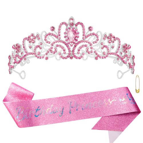 Atoden Pink Birthday Crown and Sash Set Birthday Girls Princess Tiara Queen Crowns Crystal Tiara Women Rhinestone Tiara Birthday Headband Happy Birthday Decorations Party Gifts