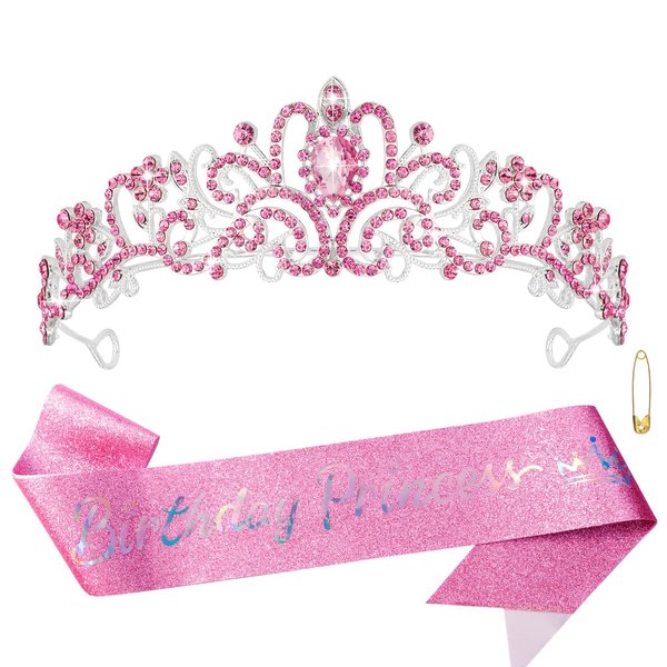 Atoden Pink Birthday Crown and Sash Set Birthday Girls Princess Tiara Queen Crowns Crystal Tiara Women Rhinestone Tiara Birthday Headband Happy Birthday Decorations Party Gifts