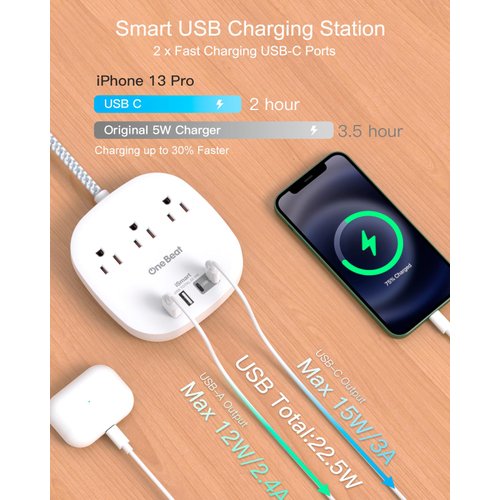 Flat Plug Power Strip, 5ft Ultra Flat Extension Cord - 3 Outlets 4 USB Ports (2 USB C) 22.5W/4.5A Desktop Charging Station, No Surge Protection for Cruise Ship, Dorm Room Travel Essentials