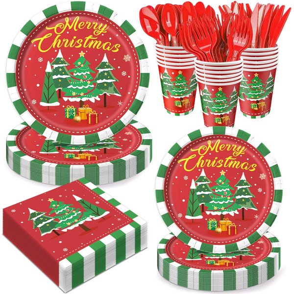 Christmas Paper Plates and Napkins Set Christmas Tree Disposable Dinnerware Included Plates, Cups, Napkins, Cutlery for Christmas Xmas Holiday, Merry Christmas Plates for Party, Serves 24