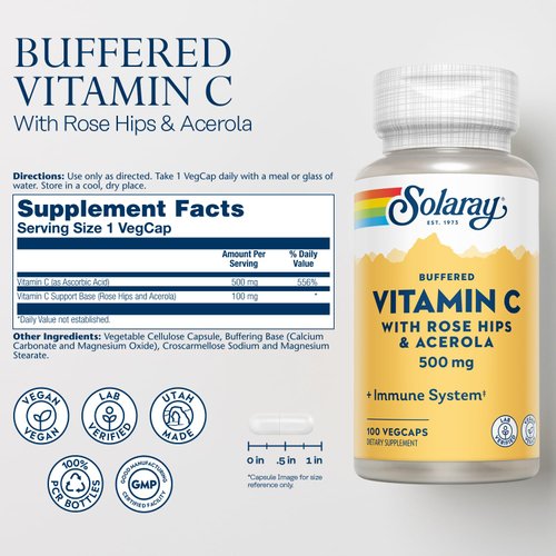 SOLARAY Buffered Vitamin C 500mg - Plus Rose HIPS and Acerola - Immune Support Supplement - Vegan, Lab Verified, 60-Day Guarantee - 100 Servings, 100 VegCaps