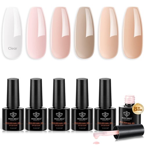 modelones Builder Nail Gel 6 Colors, 8-in-One Gel Builder Set for Nail Thickening, LED Nail Lamp Cured Hard Gel Builder Nail Strengthener Extension Gel Nail Polish Nail Glue Gel in a Bottle