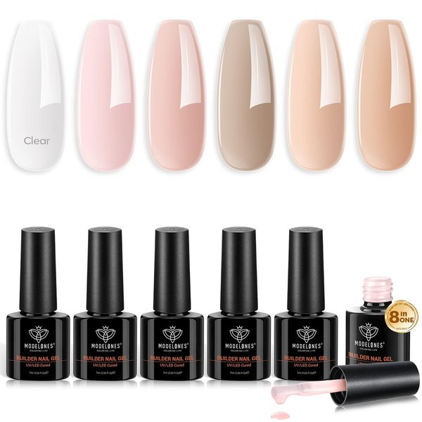 modelones Builder Nail Gel 6 Colors, 8-in-One Gel Builder Set for Nail Thickening, LED Nail Lamp Cured Hard Gel Builder Nail Strengthener Extension Gel Nail Polish Nail Glue Gel in a Bottle