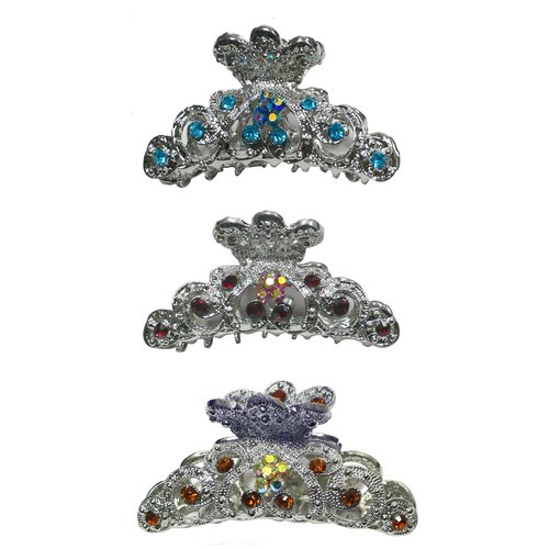 Set of 3 JCGY Metal Hair Claws Silver Antique Plating Medium Size GL86480-HB5-3aquaSiamTopaz