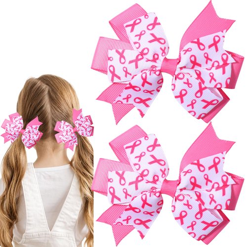 Pink Ribbon Hair Clips Breast Cancer Awareness Hair Barrettes Alligator Hairpins Glitter Hair Bow Clips Handmade Sparkle Sequins October Cheerleading Hair Access for Women 2PCS