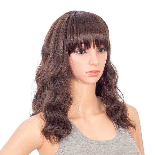 SWACC Short Curly Wavy Bob Wig with Bangs Synthetic Medium Shoulder Length Hair Wig for Women with Wig Cap (Dark Brown)