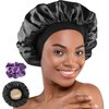 Hafree Silk Satin Bonnet, Hair Wrap Adjustable Sleep Cap with 2 Pieces of Scrunchies for Women Men Double Layer Lined Bonnets for Curly Braid Hair (Black)