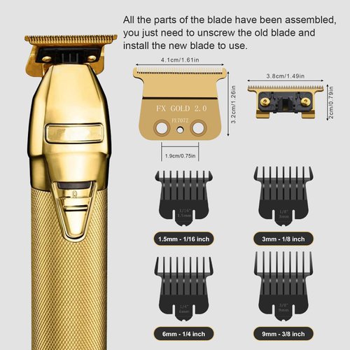 707Z Replacement Blade compatible with BaBylissPRO FX787 & FX726 Trimmers,2 Pack DLC Replacement Blades with 4 Guards Set Compatible with BaByliss Trimmer Blades,Gold