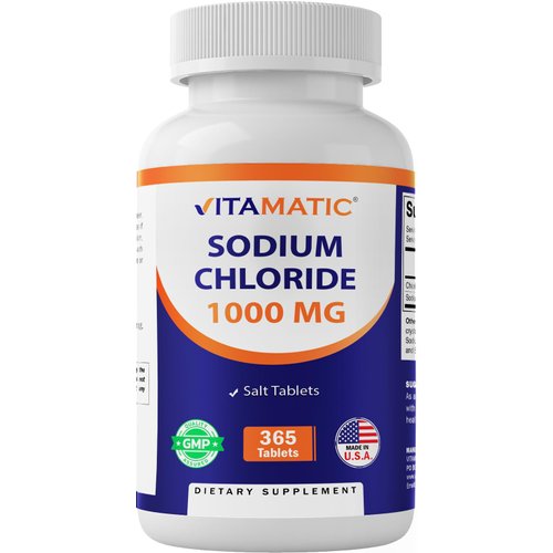 Vitamatic Sodium Chloride 1000mg, 365 Tablets - Salt Tablets, Non-GMO, Gluten Free - Electrolytes Replenisher Hydration Drink (1 Bottle)