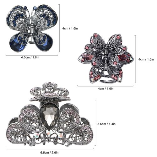 kilofly 3pc Women's Rhinestone Crystal Faux Hair Clip Claw Barrettes Value Pack