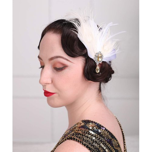 Aimimier Bridal 1920s Flapper Feather Hair Clip Crystal Teardop White Feather Roaring 20s Headpiece Prom Party Festival Hair Jewelry for Women and Girls