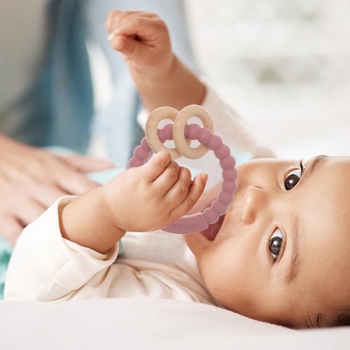 Dirbabi Baby Teether, One Piece Design Silicone & Beech Teething Ring Toy for Babies, BPA Free (Power Rose)