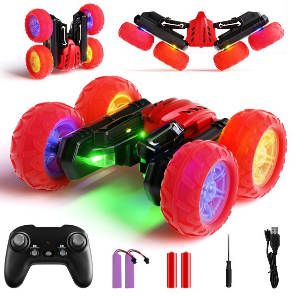 28°C RC Cars, Remote Control Cars Toys for Boys 8-12, Rotating Stunt Cars with Headlight Wheel Light, Double-Sided Driving 360°Flips Rotating Car Toy for Kids Birthday (Red)