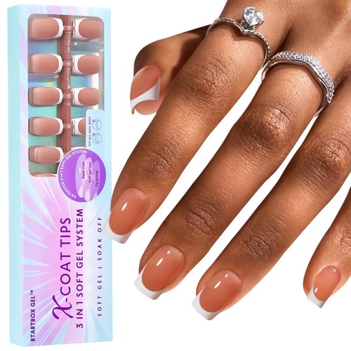 btartboxnails XCOATTIPS French Tip Nails, 160pcs Short Square Brown French Tip Press on Nails, French Tip Gel Nails for DIY Nail Art