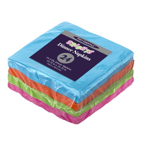 Party Essentials 2-Ply Paper Dinner Napkins, Assorted Neon Brights, 24-Count