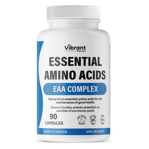 Vibrant Naturals Essential Amino Acids - 1270mg Blend of All 9 Essential Aminos EAA Supplement with Branch Chain Amino Acids (BCAA) with Leucine & Lysine, 90 Capsules, Tested & Made in Canada