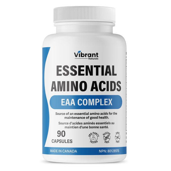 Vibrant Naturals Essential Amino Acids - 1270mg Blend of All 9 Essential Aminos EAA Supplement with Branch Chain Amino Acids (BCAA) with Leucine & Lysine, 90 Capsules, Tested & Made in Canada