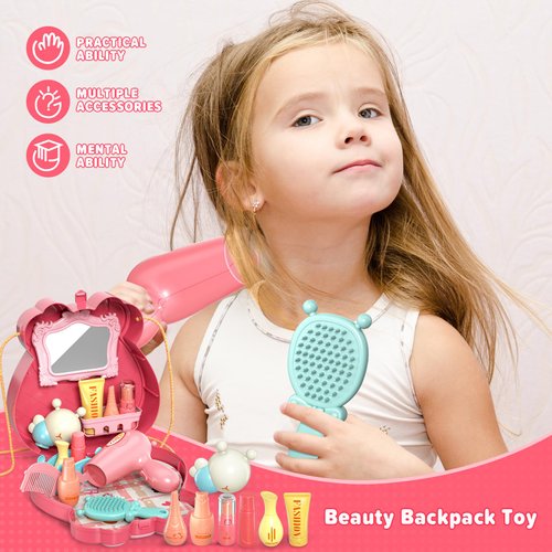 LILYBUDS Pretend Play Toys for Kids, Girls Vanity Set with Mirror, Pretend Play Toy Makeup Set with Bag, Beauty Salon Play Set with Accessories, Birthday for Girls Kids Toddlers