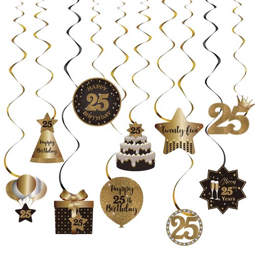 Happy 25th Birthday Party Hanging Swirls Streams Ceiling Decorations, Celebration 25 Foil Hanging Swirls with Cutouts for 25 Years Old Black and Gold Birthday Party Decorations Supplies