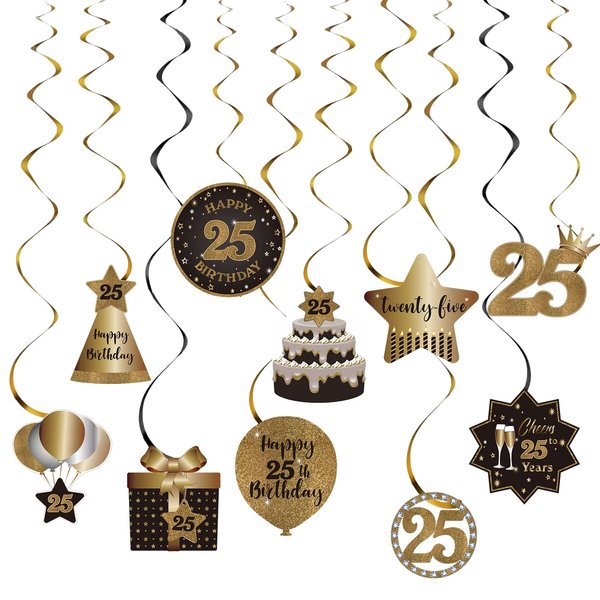 Happy 25th Birthday Party Hanging Swirls Streams Ceiling Decorations, Celebration 25 Foil Hanging Swirls with Cutouts for 25 Years Old Black and Gold Birthday Party Decorations Supplies
