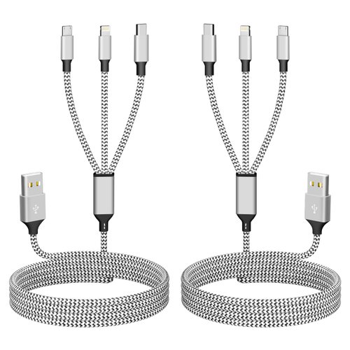 Multi Charging Cable, Nylon Braided 3 in 1 Universal Phone Charger Fast Charging with USB C/Micro USB/Lightning Port, Compatible with Most iPhones&iPads Cell Phones (2 Pack)