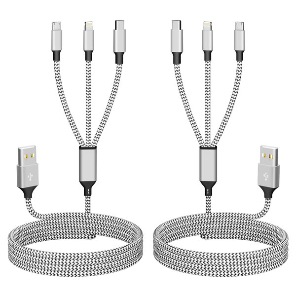 Multi Charging Cable, Nylon Braided 3 in 1 Universal Phone Charger Fast Charging with USB C/Micro USB/Lightning Port, Compatible with Most iPhones&iPads Cell Phones (2 Pack)