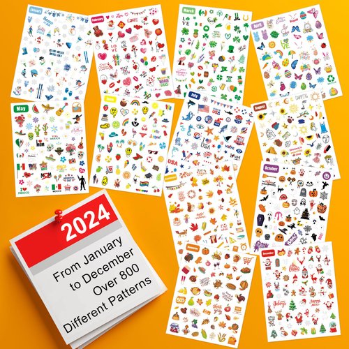 IDDFEVE 12 Months All Holiday Nail Stickers, 24 Sheets Seasonal Variety Pack 2 Pcs Per Month DIY Nail Art, Self-Adhesive Pegatinas Uñas for a Year of Halloween Christmas Thanksgiving&Valentine’s Day