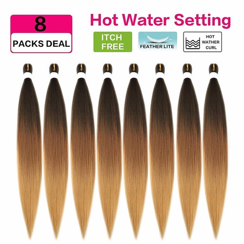 Pre Stretched Braiding Hair Ombre 36 Inch Long Brown Braiding Hair 8 Packs Easy Braids Hair Yaki Straight Hot Water Setting Synthetic Ombre Braid Hair Extensions for Crochet Hair Braiding Twist