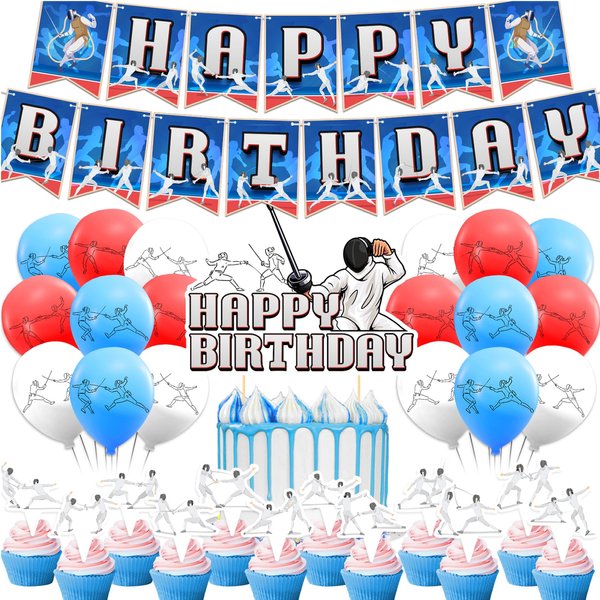 Fencing Party Decorations Fencing Birthday Party Supplies Includes Fencing Happy Birthday Banner, Cake Topper, Cupcake Toppers Balloons for Fecing Birthday Decor Fencing Lovers Party Sports Party