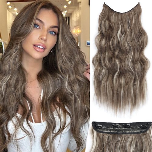 Lycheenea Halo Hair Extensions Invisible Wire Hair Extensions with Transparent Wire Adjustable Size 4 Secure Clips 20 Inch Long Wavy Secret Hairpiece (Medium Brown Ash Blonde)