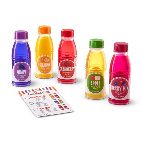 Melissa & Doug Tip & Sip Toy Juice Bottles and Activity Card (6 Pcs) Pretend Play Food Set, Play Kitchen Food For Ages 3+