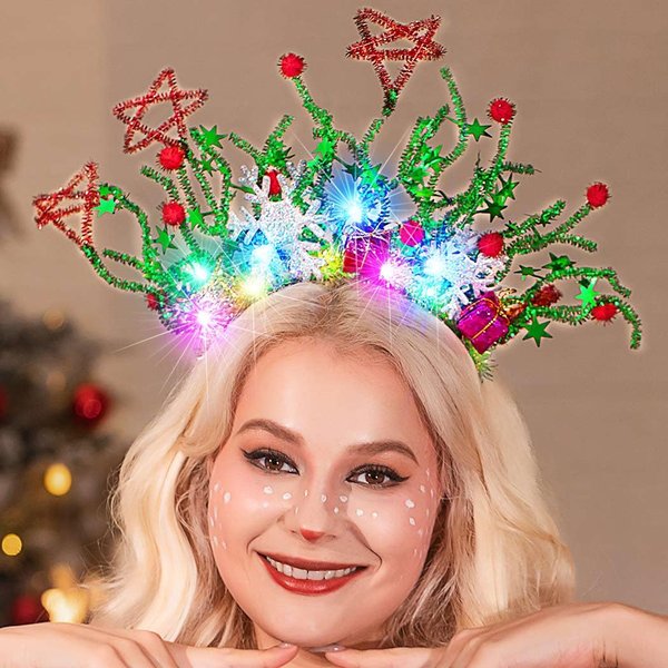 CAKURE Light Up Christmas Headband Green LED Xmas Hair Band Holiday Glow Headwear Festival Party Christmas Hair Accessories for Women and Girls