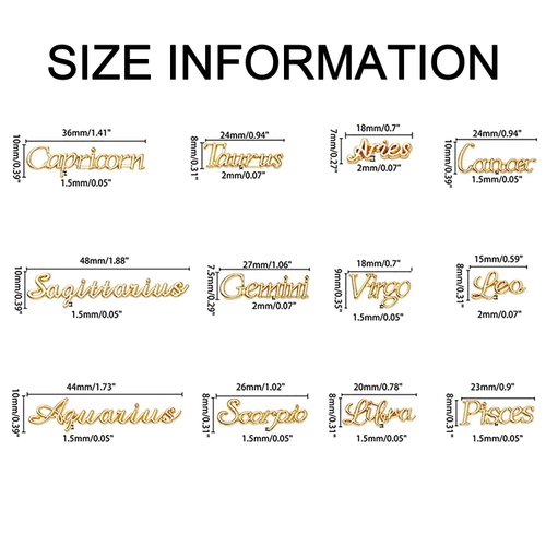 JERCLITY 24 Pieces Gold Alloy Zodiac Nail Charms 12pcs Zodiac Signs Nail Studs 12pcs Constellation Words Nail Charms Twelve Constellation Nail Charms for Women Girls Nail Art