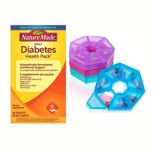 Nature Made Diabetes Health Pack, Pack of 1, 60 packets each pack, bundle with Textila Pill Organizer