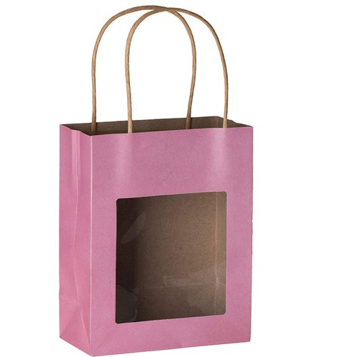 Hammont Paper Bags with Handle – 10 Pack Transparent Gift Bags - Pink Gift Bags Medium Size – Kraft Bags with Window - Colorful Craft Bags Party Favor Gift Bags for Kids - 7.75"x 6.25"x 3"