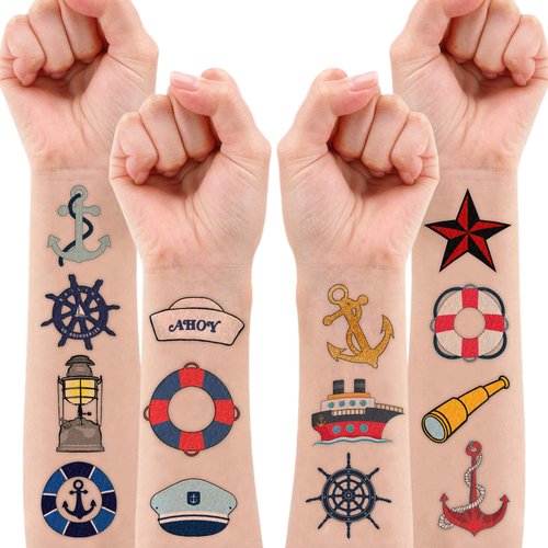 8 Sheets (96PCS) Nautical Anchor Temporary Tattoos Theme Birthday Party Decorations Supplies Favors Stickers for Kids Adults Boys Girls Gifts Classroom School Prizes Rewards