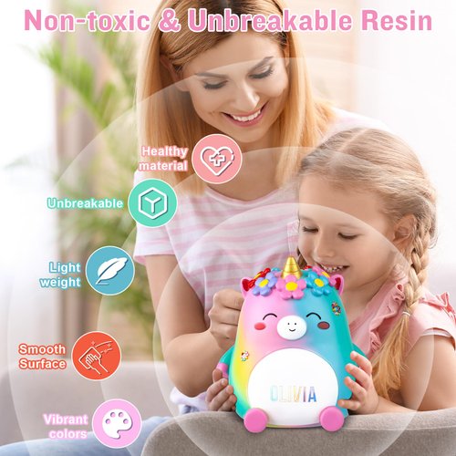 VeewyRee Unicorn Piggy Bank Girls – Cute Rainbow Kids Piggy Bank for Girls, Personalized Unbreakable Resin Coin Money Bank for Kids with Stickers for Toddlers