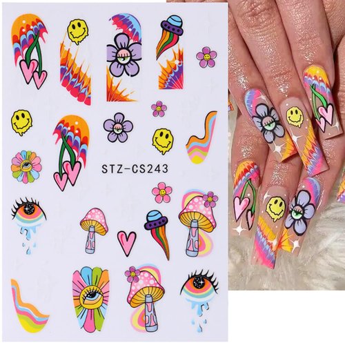8 Sheets Mushroom Rainbow Nail Art Stickers Colorful Flower Eye Nail Stickers 3D Embossed Engraved Nail Decals Cute Smiling Face Stickers for Nails Art Design Self-Adhesive Nail Art Supplies for Women