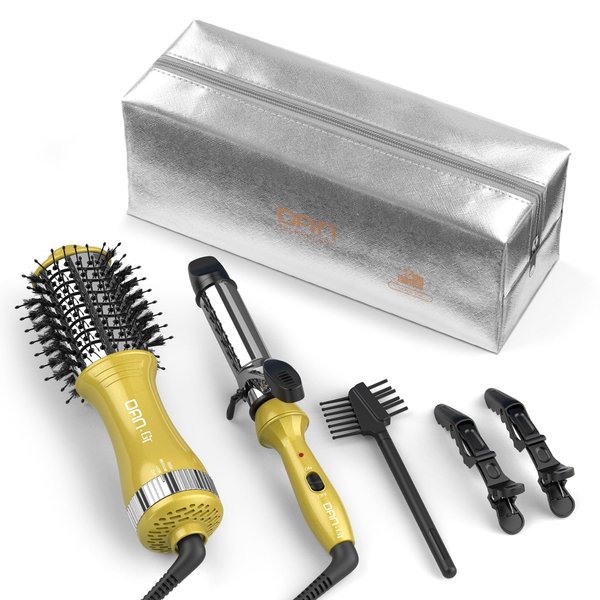 DAN Technology Hair Dryer Brush & Mini Curling Wand Set - 1 Inch Travel Set with 3 Temperature Settings - Hot Air Brush for Drying, Styling, Curling, and Volumizing