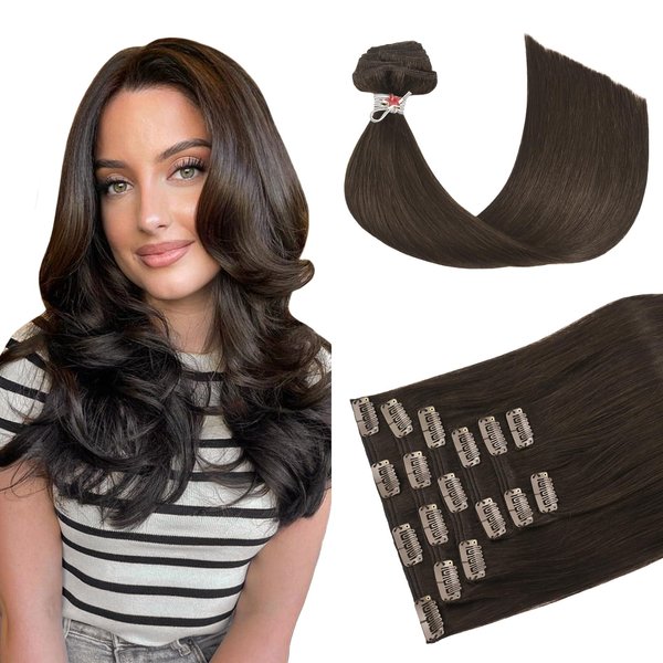 HUAYI Dark Brown Clip in Hair Extensions Real Human Hair 70g Remy Human Hair Clip in Hair Extensions 15 Inches Soft Silky Straight for Fashion Women 7pcs 16clips Brown Hair Extensions