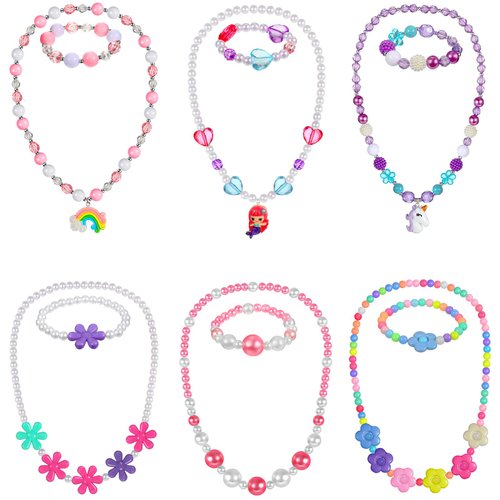Sumind 6 Sets Play Jewelry for Little Girls Princess Necklace Bracelet Set Includes Kid Beaded Necklace Bracelet for Toddler Christmas Birthday Party Favors Cosplay(Mermaid, Rainbow Style)
