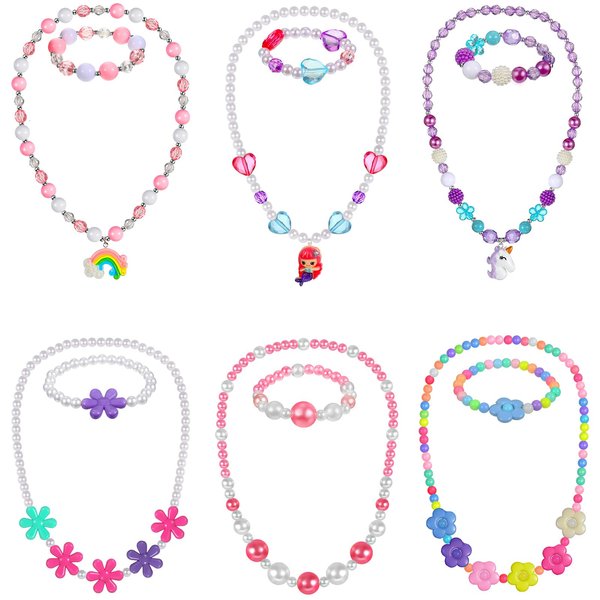 Sumind 6 Sets Play Jewelry for Little Girls Princess Necklace Bracelet Set Includes Kid Beaded Necklace Bracelet for Toddler Christmas Birthday Party Favors Cosplay(Mermaid, Rainbow Style)