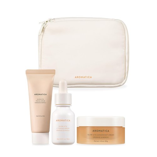 AROMATICA Glow Vita Trial Kit - Travel Size Skin Care Set [Vitamin C Serum 0.5 fl.oz, Facial Scrub 0.5 fl.oz, Goodnight Cream with Retinol 1oz] - Travel Kit for Women | Gift Set for Glass Skin